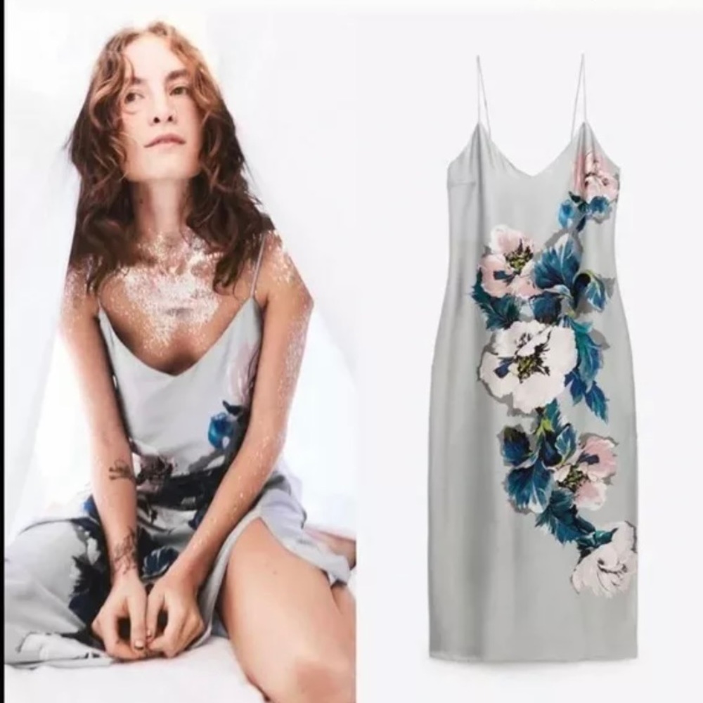 NEW ZARA FLORAL SLIP DRESS PEARL GRAY EXTRA SMALL XS 8838/326